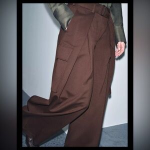 ZARA NWT  Dark Brown Cargo Pleated Women's Pants ZW Collection